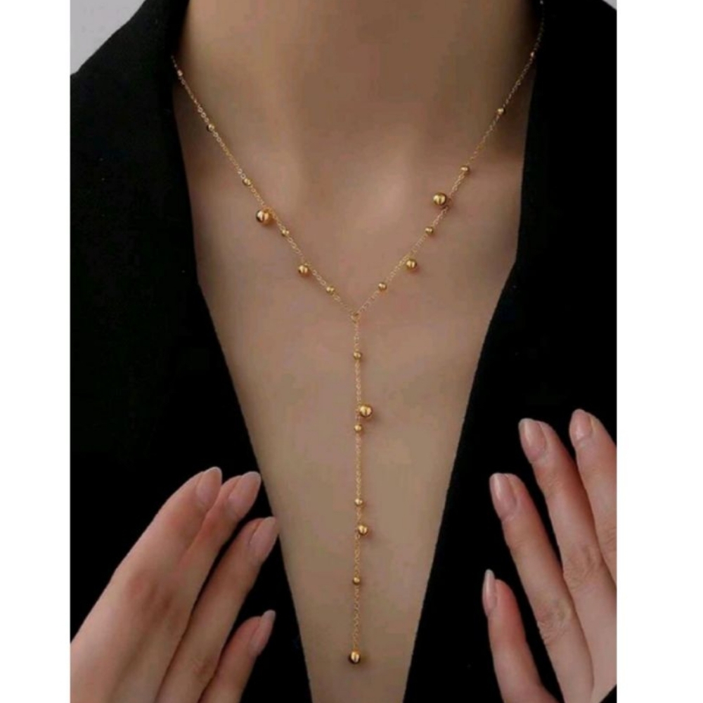 18K Gold Plated Stainless Steel Long Bead Chain Necklace with Tassels